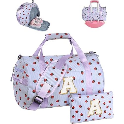 Teen Girl Gifts Trendy Stuff, Girls Gym Bag, Kids Personalized Overnight Duffle Bags with Shoe Compartment, Monogram Travel Tote with Makeup Bag, Birthday Holiday Gift for Tween (Letter A)