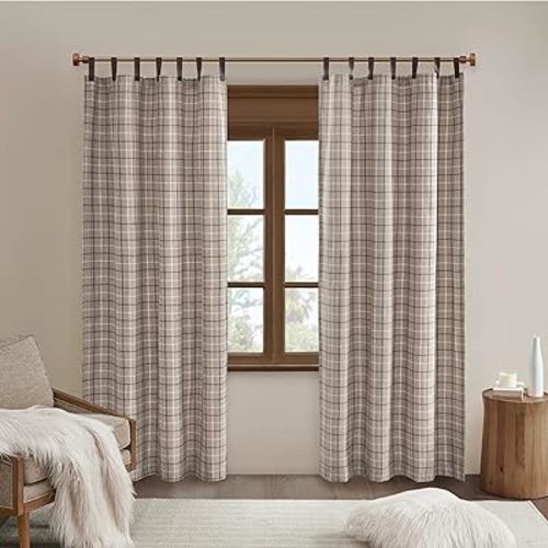 Madison Park Anaheim Cabin Plaid Curtain Window, Thermal Insulated Fleece Lining, Living Room Decor Room Darkening Drape for Bedroom, 1-Single Panel Pack, 50" x 84", Faux Leather Tab, Brown