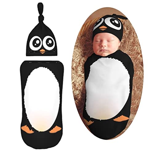 Muishi Cute Penguin Newborn Swaddle Blankets Hat Sets Soft Baby Receiving Blanket Swaddle Sack for Baby Shower Infant Boy Girl Gift