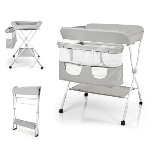 Lilian&Gema Portable Baby Changing Table with Wheels, 3-Level Adjustable Heights Folding Diaper Changing Station with Nursery Organizer&Large Storage Racks for Newborns&Infants