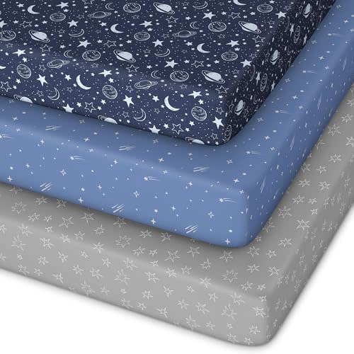 Unnivoll Pack and Play Sheets Fitted 3 Pack, Mini Crib Sheets for Pack N Play Mattress Stretchy Portable Playard Sheets, Soft Breathable Blue Gray Planet