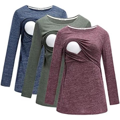 Bearsland Women's 3 Packs Maternity Clothes Long Sleeves Breastfeeding Shirts Nursing Top