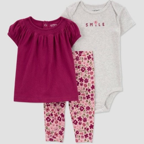 Carter's Just One You® Baby Girls' Plum Floral Top & Bottom Set - Gray/Purple, Size: 3M