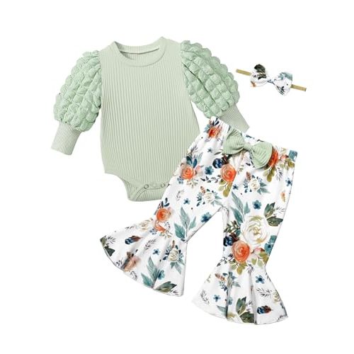 NAPU Baby Girl Clothes Long Sleeve Romper 3Pcs Baby Girl Outfits Flare Pants Set with Headband Fall Baby Girl Winter Clothes