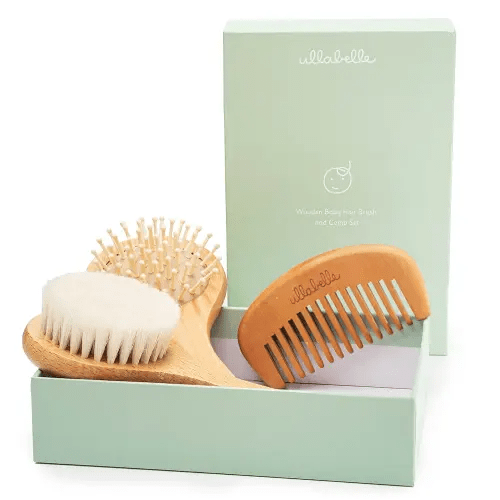 3 Piece Wooden Baby Hair Brush and Comb Set for Newborns & Toddlers in Chic Gift Box - Ultra Soft Natural Goat Hair and Wood Baby Brush Set Prevents Cradle Cap - Perfect Registry Gift (Sage)