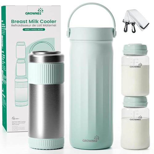 Grownsy 22oz Portable Breast Milk Cooler, 360° Stainless Steel Chiller Keeps Breastmilk Fresh for 24H, No Ice Crystals,Milk Cooler with 2 Baby Bottles for Work & Travel, Baby Breastfeeding Essential