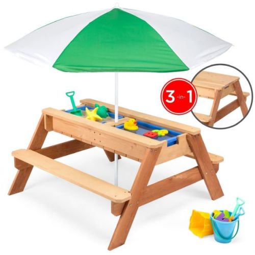 Best Choice Products 3-in-1 Outdoor Convertible Wood Activity Sand & Water Picnic Table W/ Umbrella
