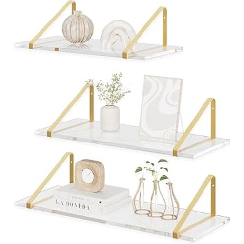 RRG Clear Acrylic Floating Shelves for Wall Decor Set of 3, Gold Wall Shelf with Metal Brackets, Wall Storage Shelves for Bedroom, Living Room, Bathroom, Kitchen (Clear)