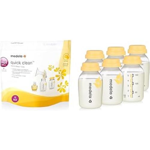 Medela Quick Clean MicroSteam Bags & Breast Milk Collection and Storage Bottles, 6 Pack, 5 Ounce Breastmilk Container, Compatible with Medela Breast Pumps and Made Without BPA