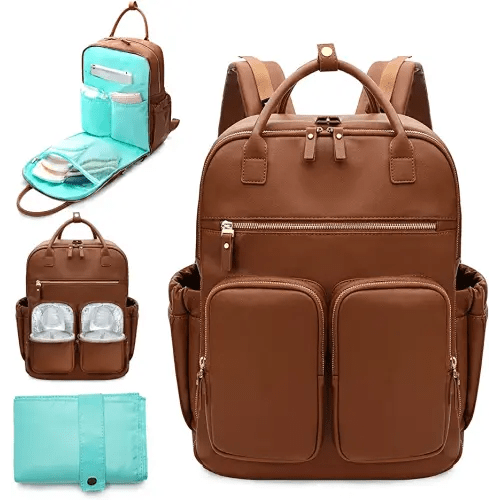 MOMINSIDE Diaper Bag Backpack, Leather Baby Bag with 18 Pockets, Diaper Backpack for Women Mom, Travel Baby Bag for Girl Boy, Large Wet Pocket, 4 Insulated Pockets, Stroller Straps, Brown