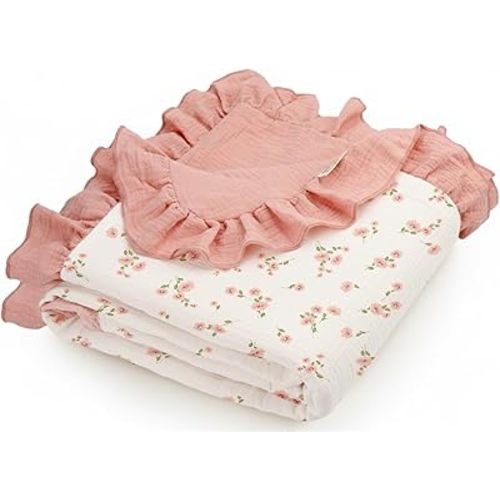 meowcards Muslin Swaddle Ruffled Blankets for Baby, Unisex Baby Boys Girls Essentials, Large 52 x 52 inches, Boho Receiving Blankets Newborn Registry Must Haves (Rosy-Ruffled, Printed)