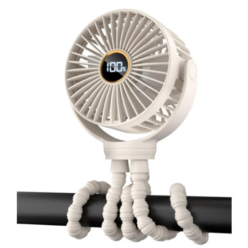 Portable Stroller Mini Fan, Small Rechargeable Personal Fan, Travel Essentials for Baby, Wagon, Car Seat, Treadmill, Battery Powered Biking Gear Accessories, 360° Rotation, 3-Speed, Display, Beige