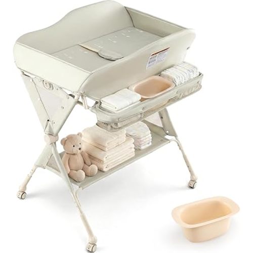 INFANS Portable Baby Changing Table with Wheels, Adjustable Height, Green