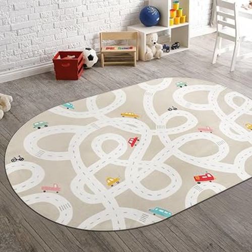 STARUIA Large Kids Rug for Playroom, 4'x6' Washable Road Rug for Nursery, Non-Slip Car Rug for Boys Room, Tan Traffic Classroom Rug Soft Baby Play Mat for Dorm Toy Room Tent