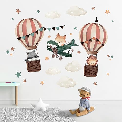 Yovkky Hot Air Balloon Airplane Wall Decals Stickers, Cute Animals Aircraft Lion Fox Raccoon Cloud Stars Neutral Toddlers Nursery Decor, Home Decorations Kids Baby Bedroom Playroom Classroom Art