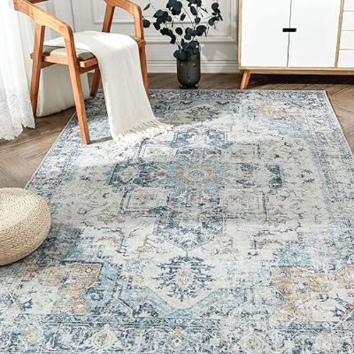 jinchan Area Rug 6x9 Washable Living Room Rug Vintage Indoor Large Floor Cover Distressed Lightweight Non-Slip Low Pile Thin Mat Accent Stain Resistant Carpet for Bedroom Dining Room Office Blue
