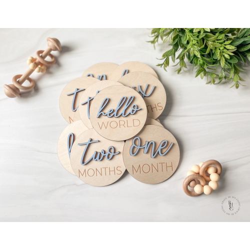 3D Wooden Monthly Milestone Discs With Light Blue Letters For Baby Photos | Monthly Milestone Marker | Milestone Cards