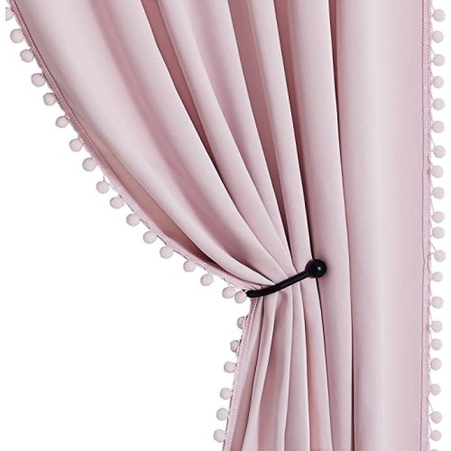 StangH Pink Blackout Curtains for Nursery Girls Room, Thermal Insulated Pompom Room Darkening Curtain Drapes for Babies, Short Cute Curtains for Kitchen/Small Window, W52 x L63, 2 Panels