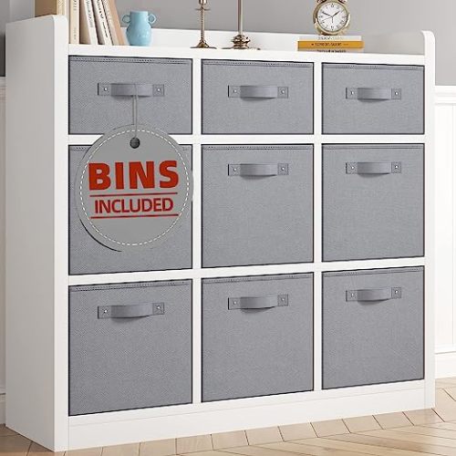EnHomee Cube Storage Organizer White Storage Cube Organizer 9 Cube Storage Shelf with Drawers Wood Cubby Storage with Cube Storage Bins Toy Organizer for Clothes Books