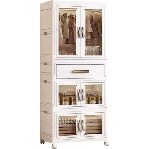 Portable Kids Wardrobe, Plastic Closet Organizer with Hanging Rod, Collapsible Wardrobe Closet Storage Cabinet for Bedroom, Easy to Install (White, Large)