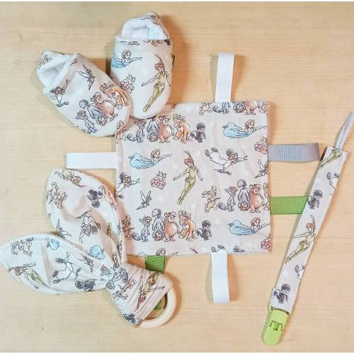 Pan Inspired Baby Shower Set/ Gift. Handmade. 0-3 months Baby Booties, Crinkle Toy, Teething Ring, and Pacifier Clip.