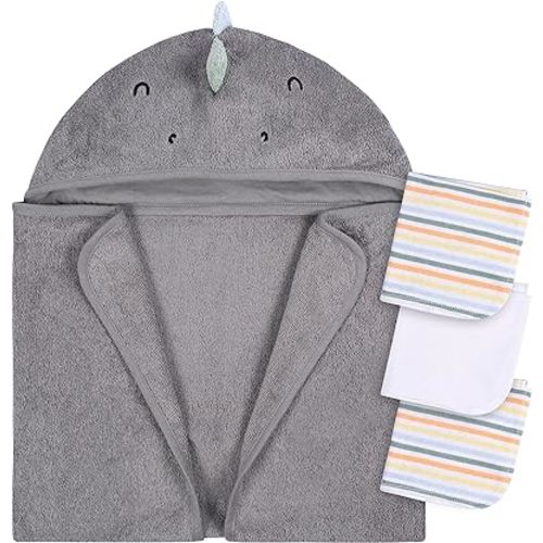 Gerber Baby 4 Piece Animal Character Hooded Towel and Washcloth Set, Charcoal Dino, One Size