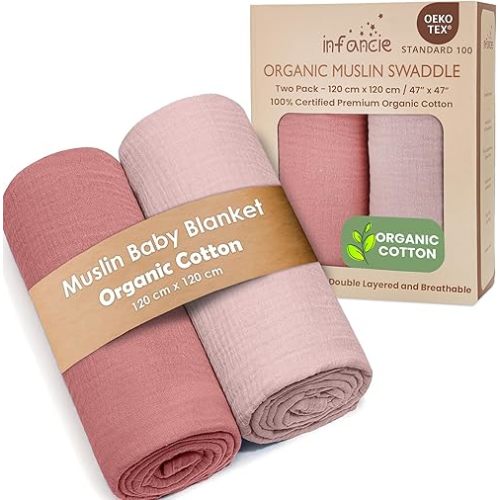 Organic Cotton Muslin Baby Blanket - 47x47 Inch Breathable Swaddle, Hypoallergenic Double-Layer, Versatile Use (Rose/Peach)