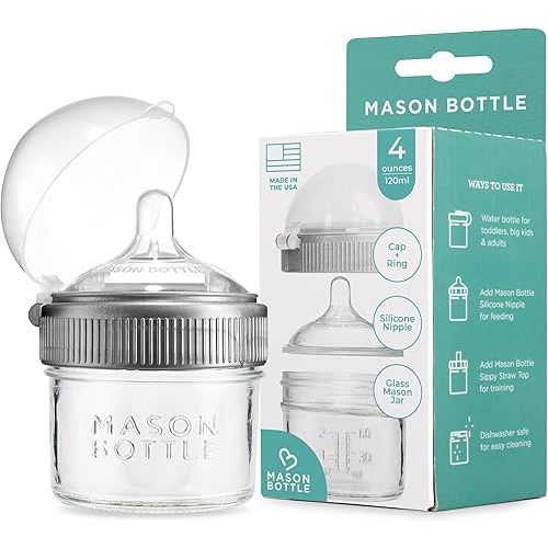 Mason Bottle 4oz Baby Glass Bottle with Breast Like Slow Flow Nipple, Cap+Ring - BPA Free, Non Toxic, Anti Colic Glass Baby Bottle, Glass Feeding Bottle for Babies
