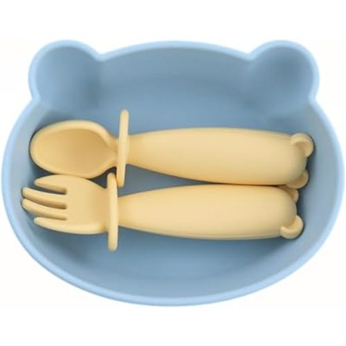 Bear Silicone Baby Bowl Suction Baby Spoon Baby Fork for Babies 6 months+ Suction Bowls for Baby Utensils 6-12M+ BLW Baby Essentials Newborn Essentials Must Haves (Summer Sky)