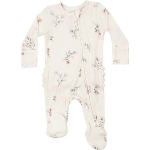 Ribbed Wispy Floral 2 Way Zipper Ruffle Back Footie, Beige - Angel Dear | Maisonette