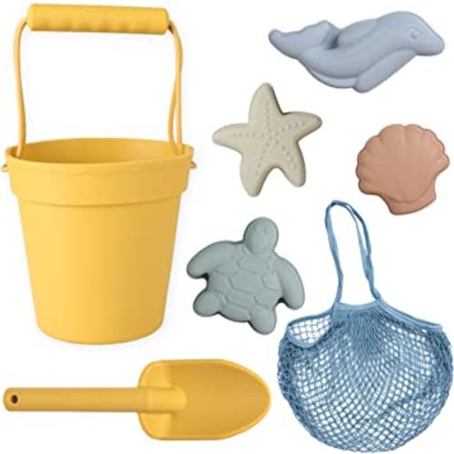 BLUE GINKGO Silicone Beach Toys - Modern Baby | Travel Friendly Beach Toys Set | Silicone Bucket, Shovel, 4 Sand Molds, Beach Bag | Sand Toys for Toddlers, Kids - Yellow