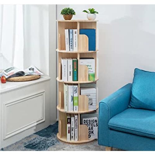 Rotating Bookshelf 360 Display 4 Tier Floor Standing Bookcase Storage Rack for Kids&Adults Solid Wood Bookshelf Organizer