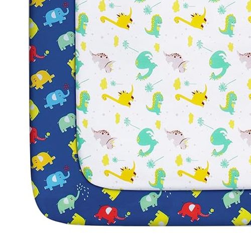 Pack and Play Sheets Boys, 2 Pack Mini Crib Sheets, Stretchy Playard Fitted Sheet, Compatible with Graco Pack n Play, Soft and Breathable Material, Dinosaur & Elephant