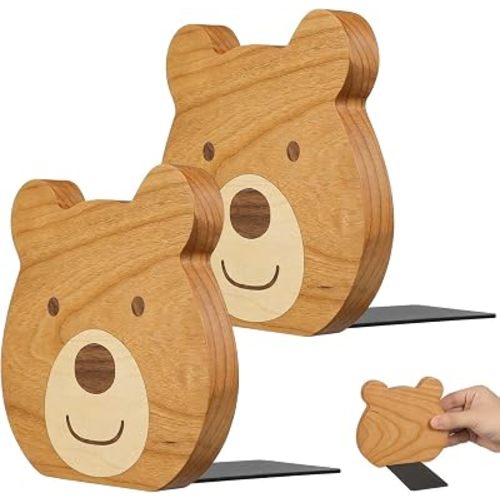 Cabilock 2 Pieces Book Stoppers: Wooden Bear Bookends for Shelves - Metal Base Non-Skid Book Ends for Bookshelf Decoration Home Office School Supplies