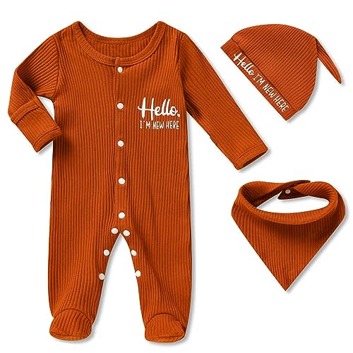 ZOELNIC Newborn Infant Baby Boy Coming Homing Clothes Letter Print Button Knit Footed Romper Jumpsuit Hat Bibs 3pcs Outfit