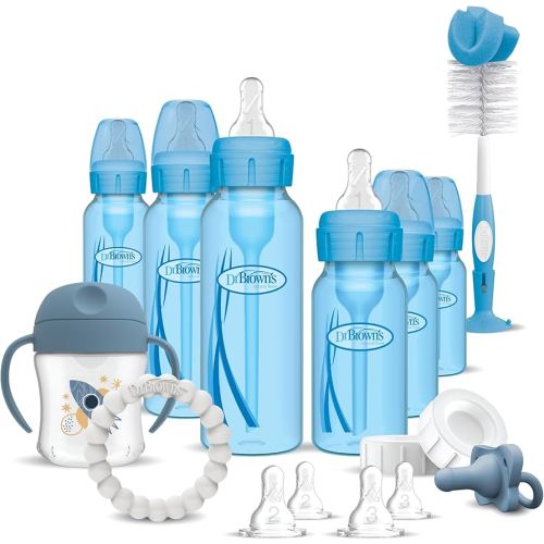 Dr. Brown's Natural Flow Anti-Colic Options+ Special Edition Blue Baby Bottle Gift Set with Soft Sippy Spout Transition Cup, Flexees Teether, Bottle Cleaning Brush and Travel Caps