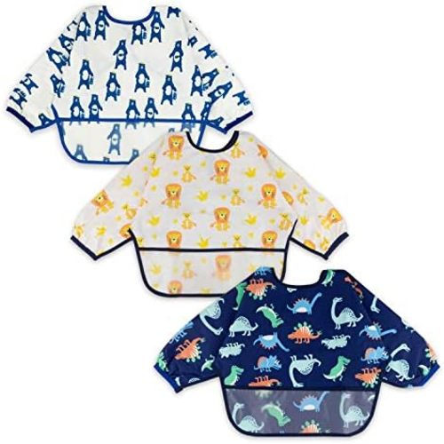 Baby Noah Toddler Bib with Sleeves and Crumb Catcher | Stain and Odor Resistance Play Smock Apron 6-24 Months - White-white-dark Blue