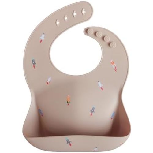 mushie Silicone Baby Bib | Adjustable Fit Waterproof Bibs (Rocket Ship)