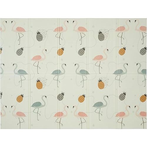 CHILDLIKE BEHAVIOR Baby Play Mat - 78x52-Inch Reversible Tummy Time Mat for Infants and Toddlers - Foldable Foam Baby Floor Play Mat - Portable and Easy to Clean Padded Crawling Mat - Flamingo