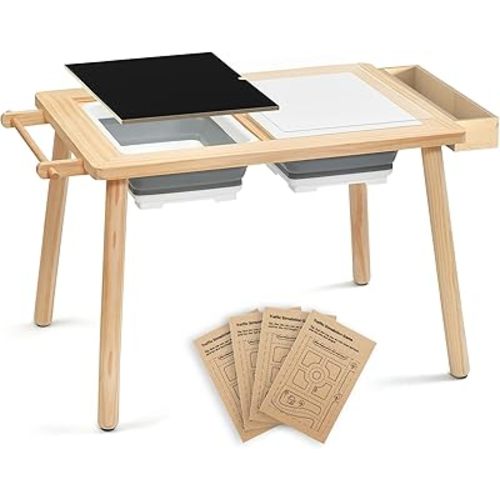 Wooden Sensory Table – Multifunctional Sand & Water Table with Double-Sided Lid, Paper Roll, Storage Box, Transparent & Game Board, and Foldable Bins for Kids' Indoor & Outdoor Play