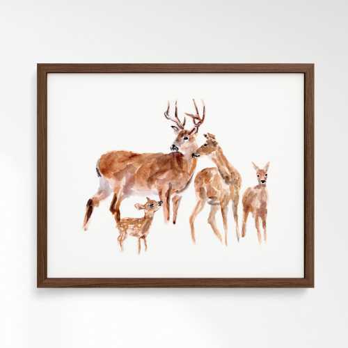 Deer Family of Four (Two Big and Two Small) Woodland Animal Watercolor Art Print for Woodland Nursery