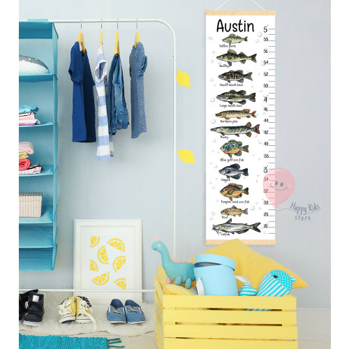Height chart fishing Fisherman baby growth chart Freshwater fish nursery or kid room decor