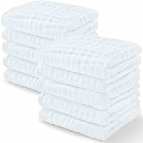Baby Washcloths, Muslin Cotton Towels, Large 10”x10” Wash Cloths Soft on Sensitive Skin, Absorbent for Boys & Girls, Newborn Baby & Toddlers Essentials Shower Registry Gift (White, Pack of 10)