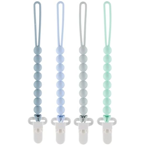 4-Pack Silicone Pacifier Clips with One-Piece Beads for Baby Boys and Girls - Flexible and Rust-Free Holders for Teething Relief and Baby Essentials, Safe for Newborns (Blue)