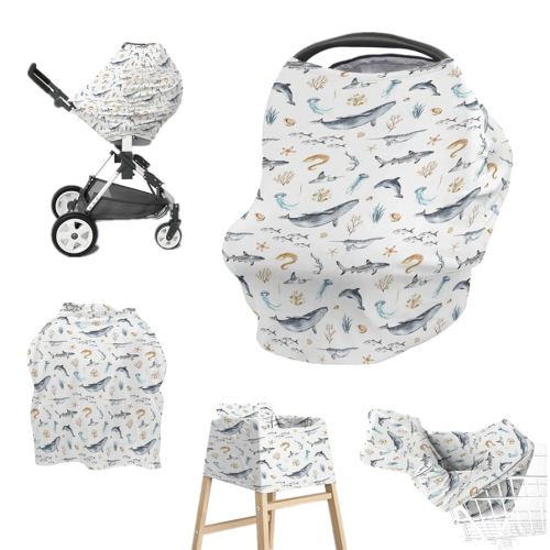 Baby Boys 5-in-1 Car Seat Covers Under Water Sea Animals, Ocean Creature Whale Fish Multi-use Privacy Nursing Breastfeeding Cover, Marine Life Carseat Canopy Carrier Newborn Infant Shower Gift