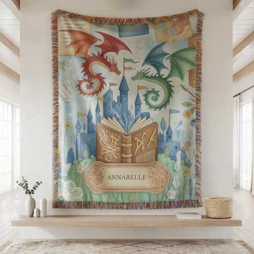 Dragon Kids Woven Quilt Blanket, Personalized Crib Blanket, Baby Nursery Decor, Toddler Playroom Throw, Custom Fantasy Book Kids Tapestry