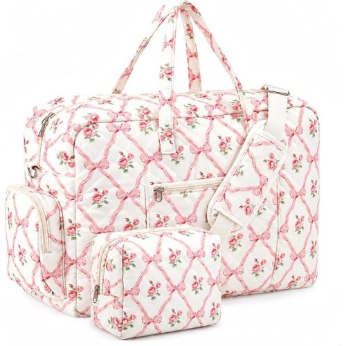 Abbylike Hospital Bag for Women, Quilted Weekender Duffle Bag,Rose