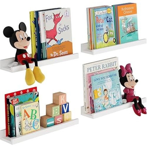 Wallniture Denver Floating Shelves for Kids Room Decor, White Wall Bookshelf for Picture Frames, Kids Room Shelves, Wall Shelf, Set of 4