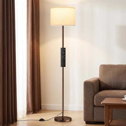 Dimmable Floor Lamp for Living Room with Remote, 9W 900LM LED Bulb Included, Deep Beige Shade Brown Pole