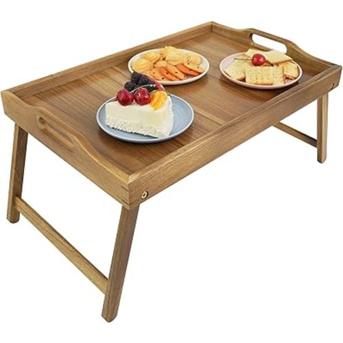 Utoplike Acacia Bed Tray Table for Eating, Large Breakfast Tray with Folding Legs, Wood Serving Trays for Laptop Working